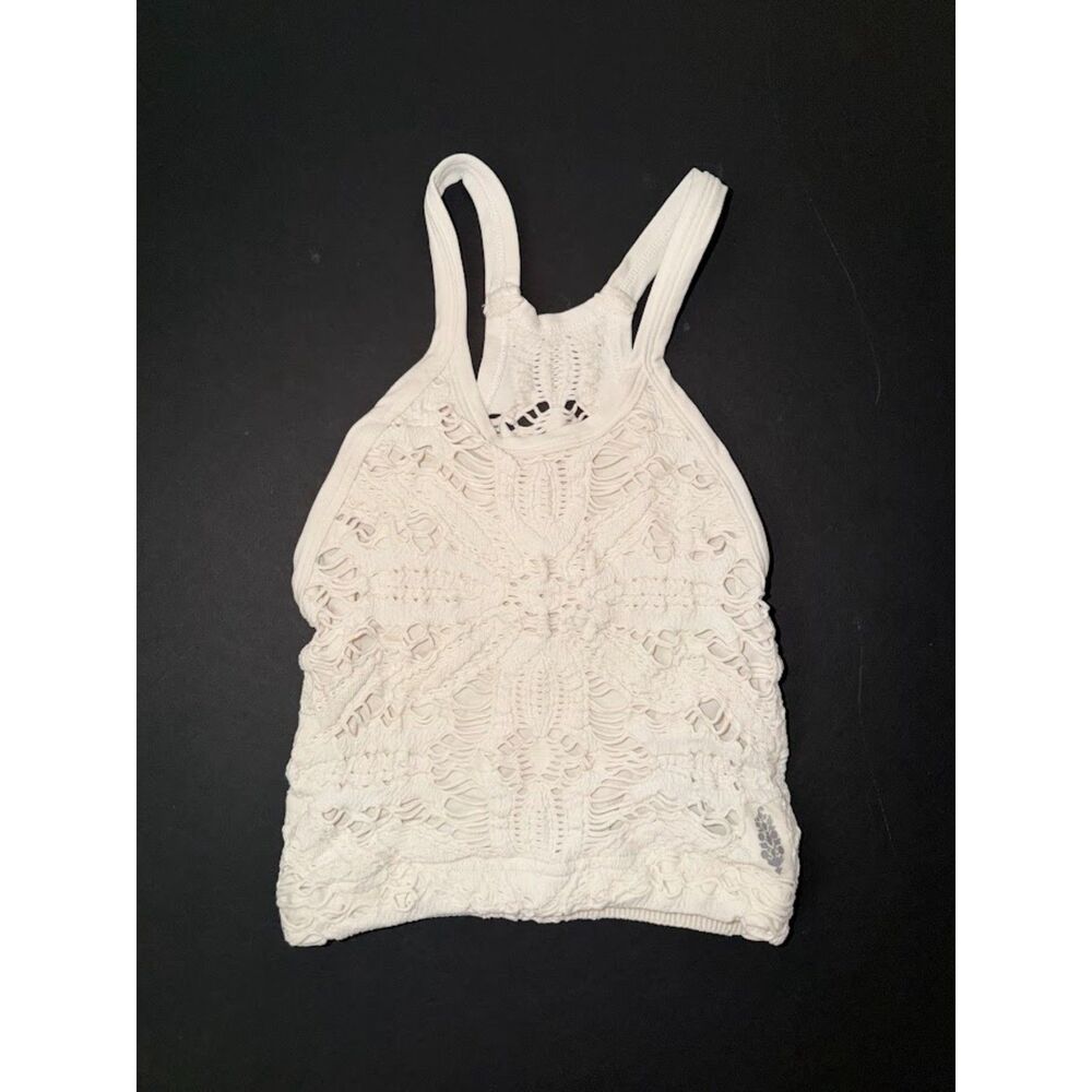 Free People FP Movement XS S ivory tank Happiness Runs floral crop top shirt - Picture 6 of 9
